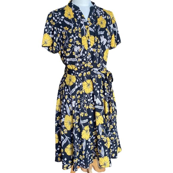Nanette Leopore Floral Pleated Midi Dress-8-Black Mustard Event Office Flowy-8 - Picture 1 of 16